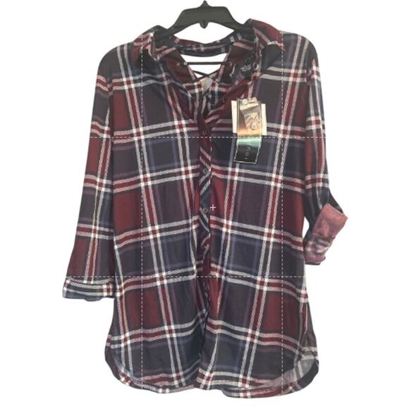 NWT Polly & Esther Plaid Lightweight Flannel Button Front Back Laces Size XL - Picture 1 of 6